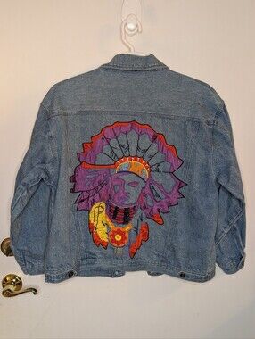 Embroidered Blue Denim Jacket - Southwestern Native American Size Large